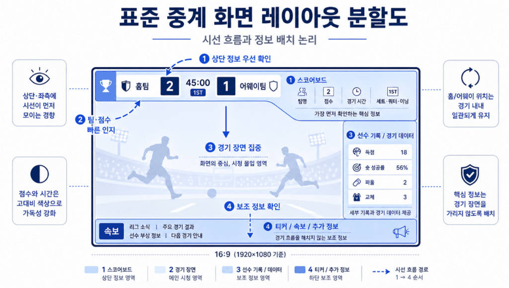 스포츠 중계 화면의 스코어보드, 경기 장면, 선수 기록, 티커 영역을 나눈 레이아웃 인포그래픽