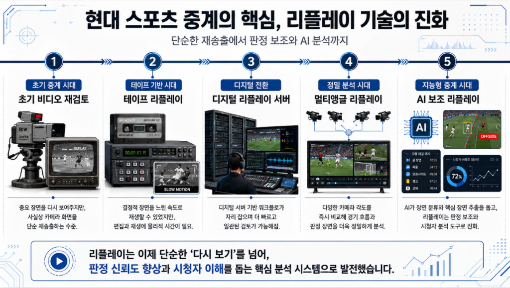 스포츠 중계 리플레이 기술의 시대별 발전 과정을 보여주는 타임라인 인포그래픽